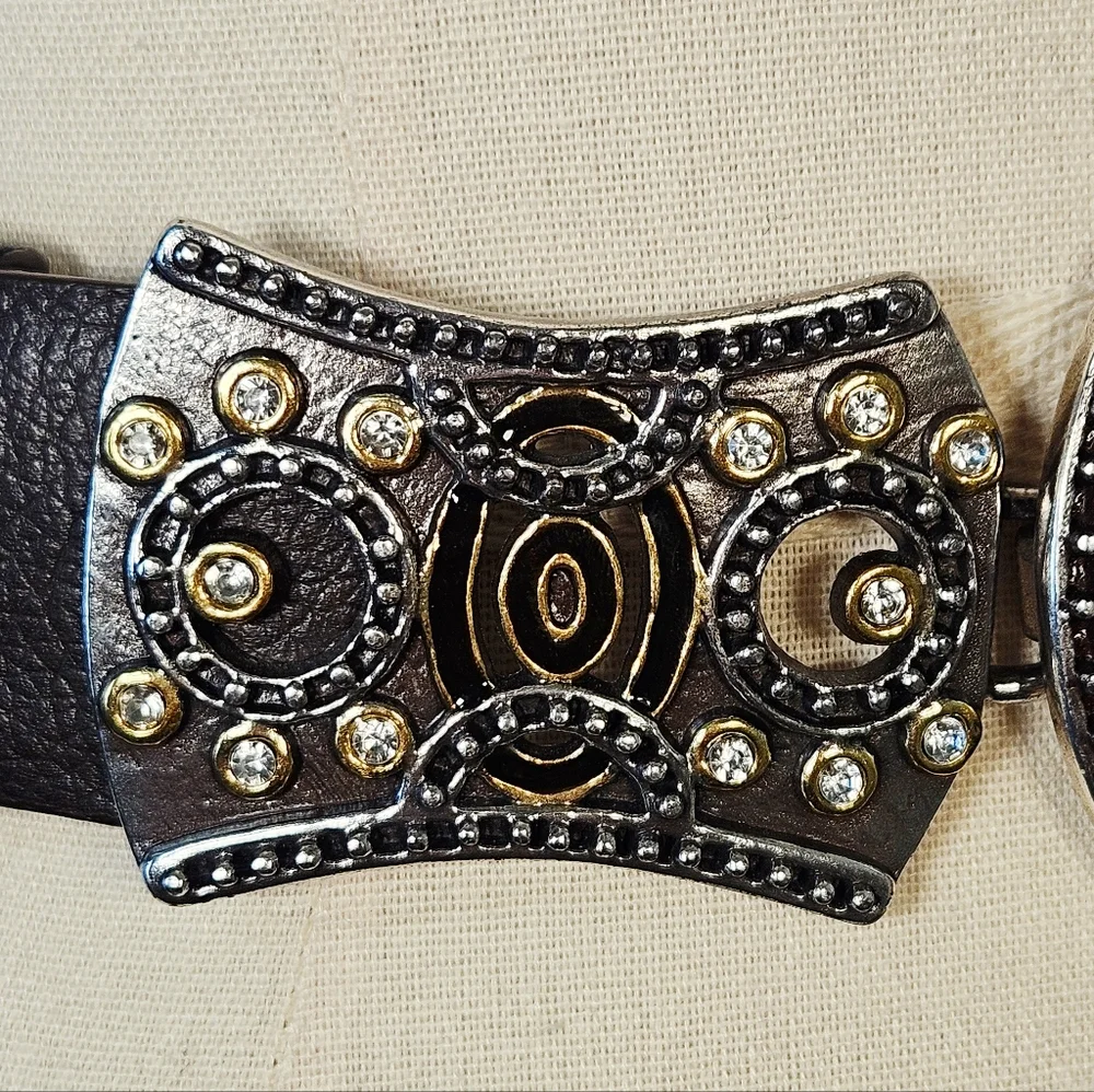 Chico's Brown Leather Western Belt Rhinestone Statement Buckle Boho M/L